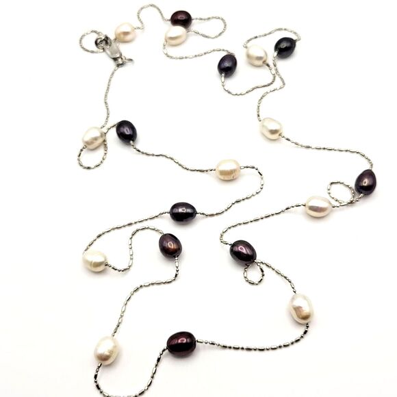 3 Colored Station Freshwater Pearls 34" Silvertone Chain Necklace - Picture 1 of 3